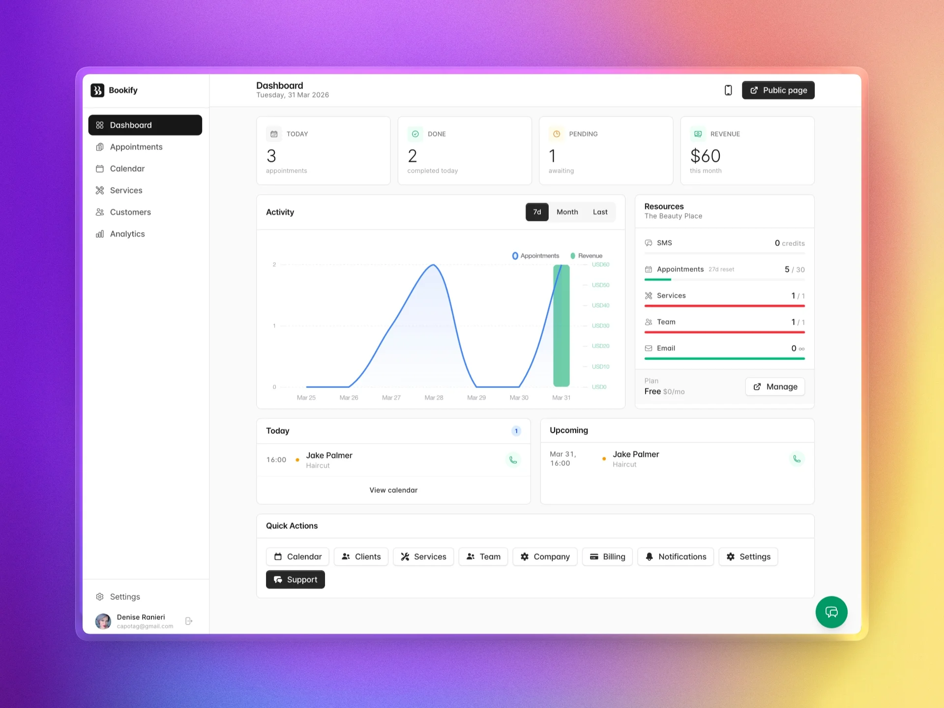 Bookify dashboard — appointments, calendar, analytics and team management
