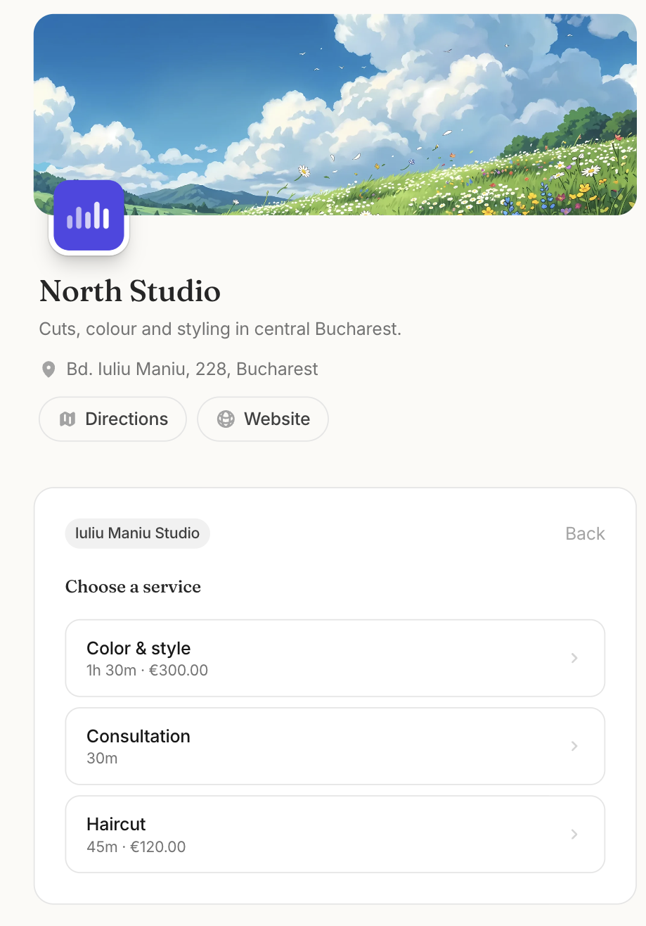 A branded Bookify booking page: header photo, logo, address and services with prices