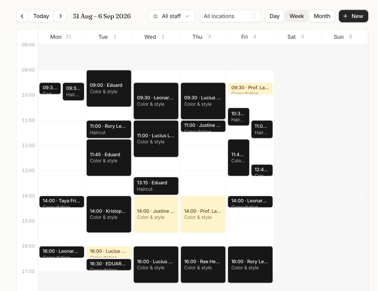 The Bookify team calendar in week view, filled with appointments